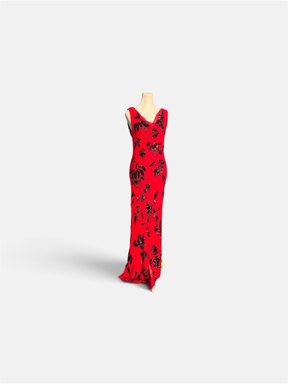 Sue Wong Red Floral Cowl Beaded Maxi Dress